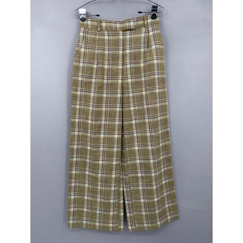 ZARA Plaid Wide Leg Trousers Womens Size S Brown Olive Twee Pleated Pants Preppy